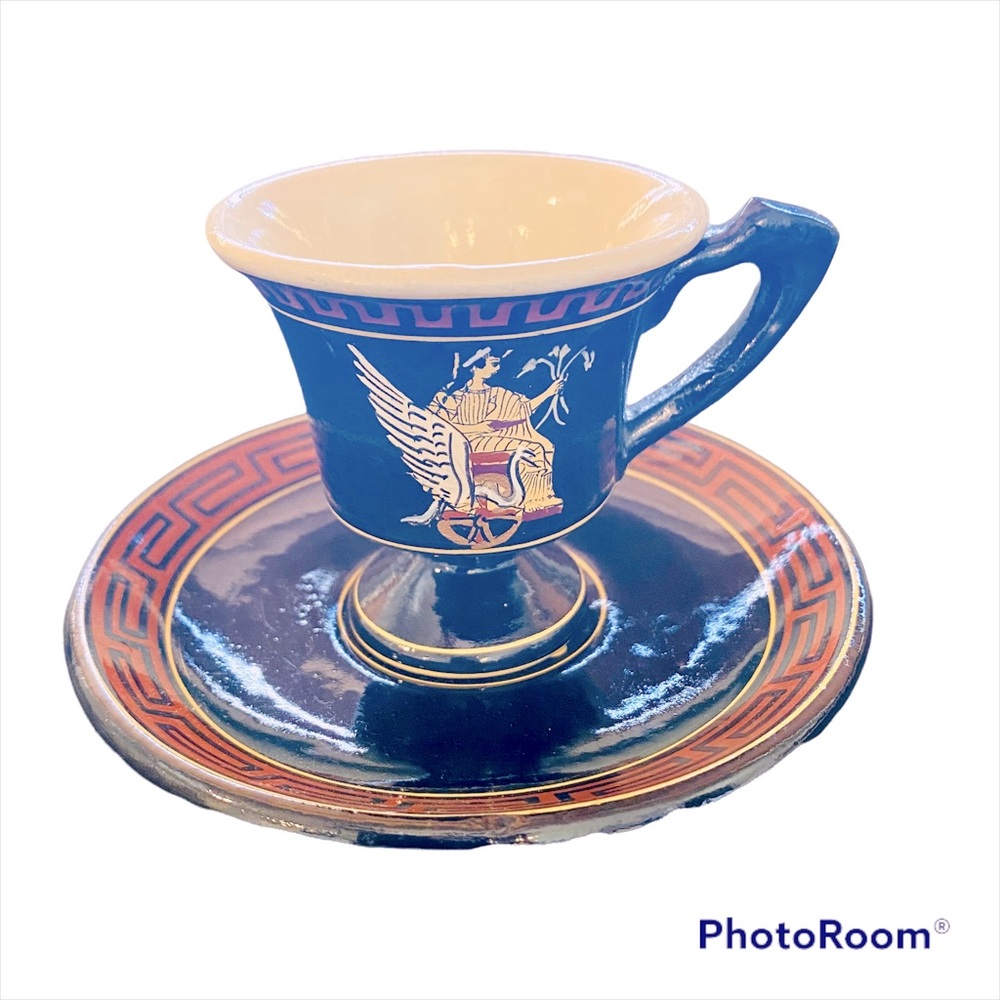 Vintage Rare Greek Key Hand painted Ceramic Tea Cup and Saucer Queen Leda Swan